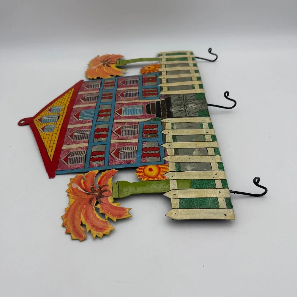 Haitian Metal Folk Art Wall Hanging 3 Hook Key Rack Caribbean House Palm Trees